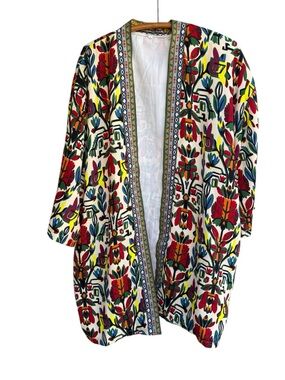 Colorful Neon Floral Pattern Open Kimono Jacket Size L